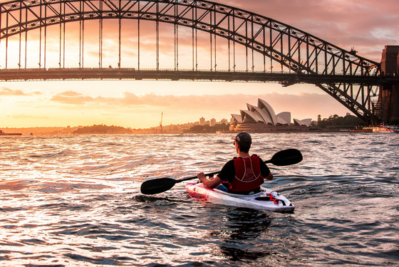 mand der sejler i kayak ved sydney harbour bridge